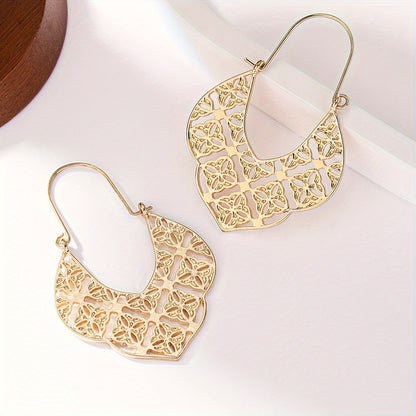 Delicate Complicated Pattern Hoop Earrings Vintage Elegant Style Zinc Alloy 14K Gold Plated Hoop Earrings