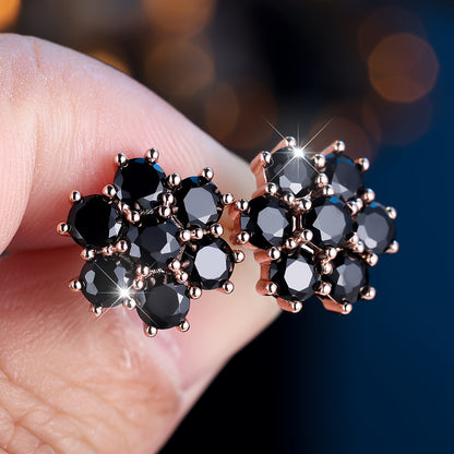 Elegant bohemian black flower-shaped synthetic square crystal diamond stud earrings, copper, women's style with rose gold plating, suitable for weddings, banquets, Valentine's Day - year round jewelry