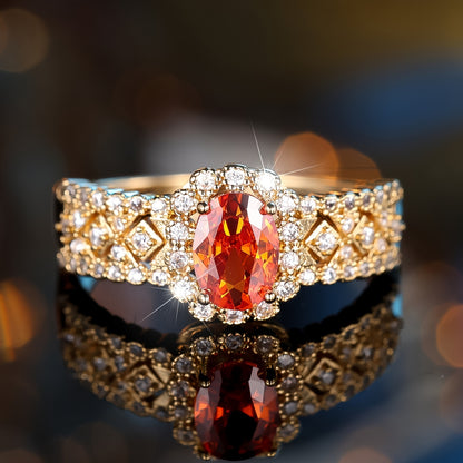 Ladies Elegant Bohemian Engagement Ring, Red Oval Gemstone with Synthetic Cubic Zirconia, Copper Ring, Luxury Wedding & Banquet Jewelry, All Season Accessories