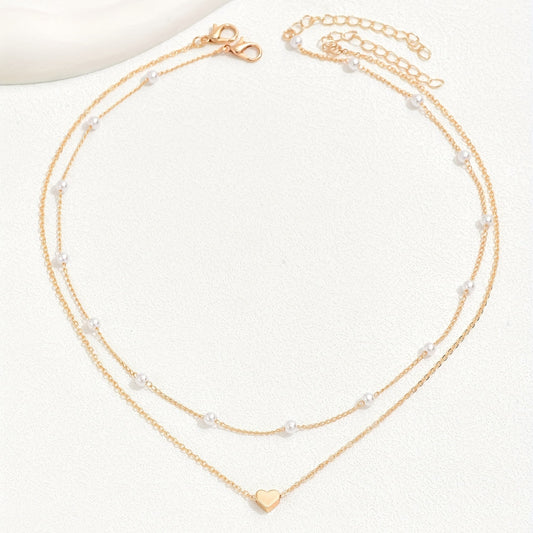 Exquisite Heart Pendant Faux Pearl Collarbone Chain Necklace Exquisite Party Jewelry Ladies (Random Faux Pearl Number)