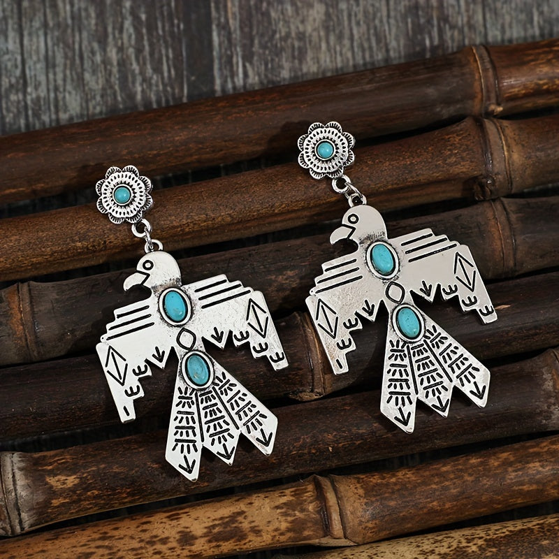 Bohemian Vintage Eagle Totem Turquoise Pendant Earrings - Silver Plated, Stainless Steel Studs, Ladies Only | Perfect for Parties and Vacations