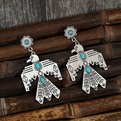 Bohemian Vintage Eagle Totem Turquoise Pendant Earrings - Silver Plated, Stainless Steel Studs, Ladies Only | Perfect for Parties and Vacations