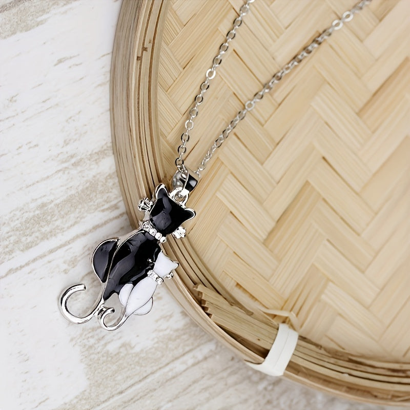 Black and white kitten cat pendant necklace ladies