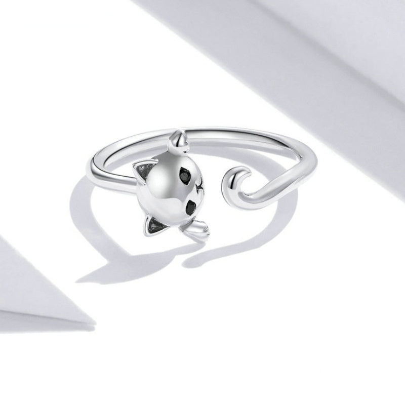 Ladies' Casual Party Jewelry, Cute Cat Shaped Black Jewel Eye 925 Silver Plated Open Ring