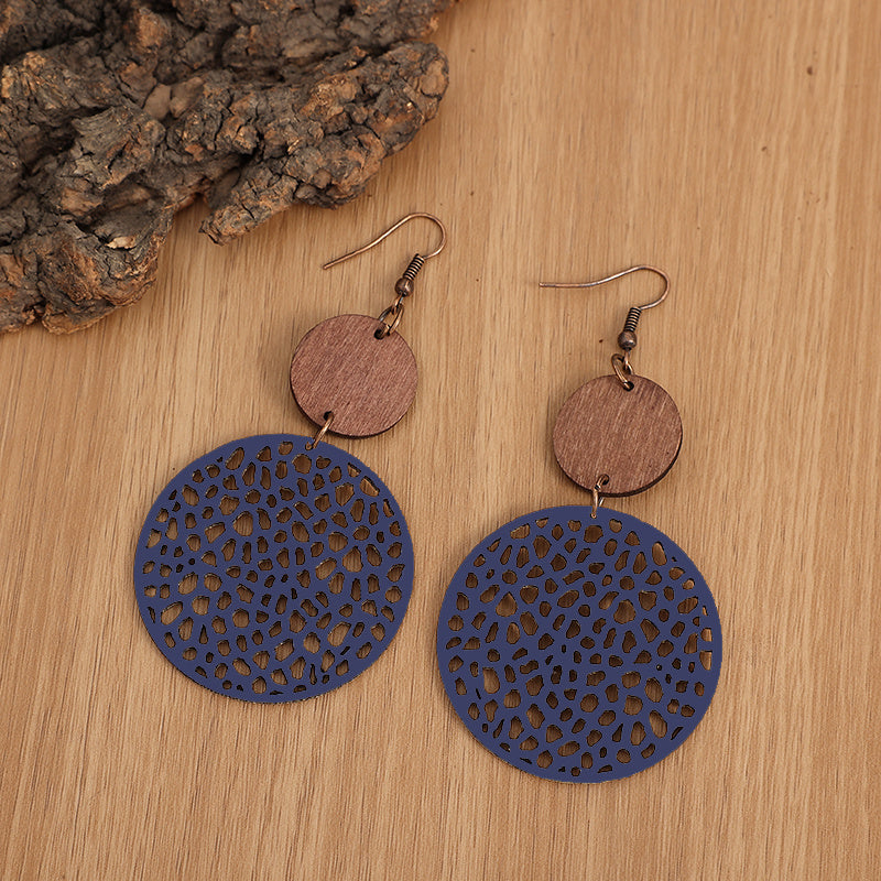 Hollow Round Pendant Earrings, Bohemian Vintage Wooden Leather Earrings, Jewelry, Ladies Gift Accessories, Fall/Winter Earrings