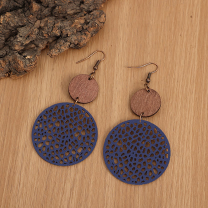 Hollow Round Pendant Earrings, Bohemian Vintage Wooden Leather Earrings, Jewelry, Ladies Gift Accessories, Fall/Winter Earrings