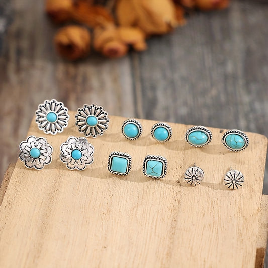 6 pairs of ethnic style flower geometric earrings set