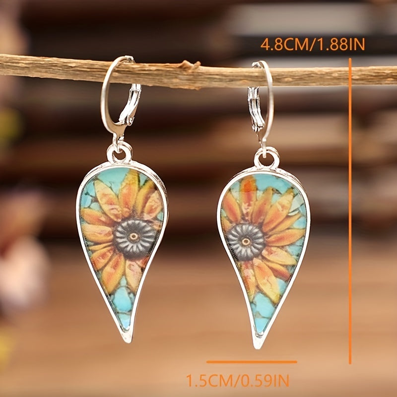 Irregular droplet sunflower pattern retro pendant earrings retro vacation style alloy jewelry exquisite female gift