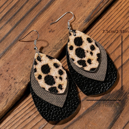 Retro-style multi-layer teardrop PU leather earrings with leopard print and gradual change design - stylish personality jewelry for casual wear or parties
