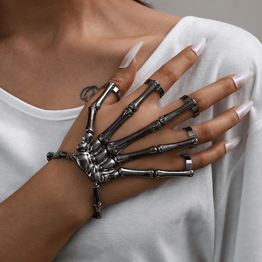 New Jewelry Fashion Personality Punk Skull Hand Bone Versatile Five-finger Ring Bracelet Adjustable Integrated Chain