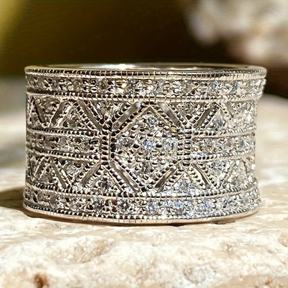 Women's fashion micro-set zircon ring, casual party wide ring, jewelry anniversary gift