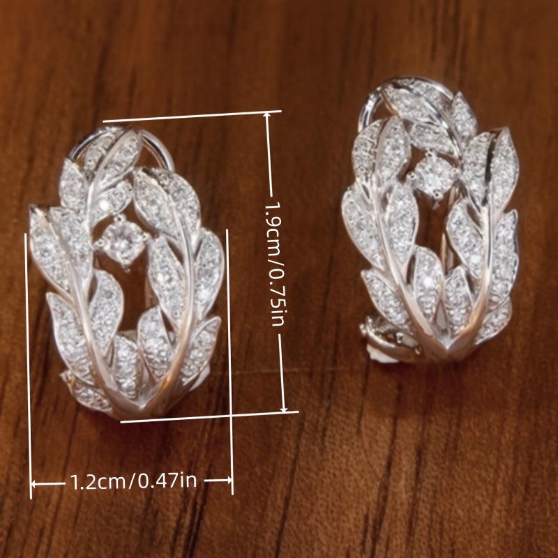 Exquisite sparkling silver leaf design earrings, copper jewelry, zircon inlaid, elegant luxury style, ladies' wedding banquet