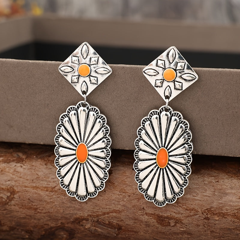 A pair of bohemian vintage floral engraved earrings, alloy pendant with iron studs, bohemian fashion earrings, silver tones with orange accents