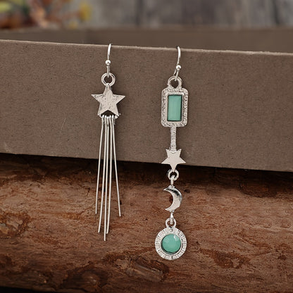 Fashion Asymmetrical Star Moon Tassel Pendant Earrings, Glass Inlay - Ladies Silver Alloy Fashion Jewelry