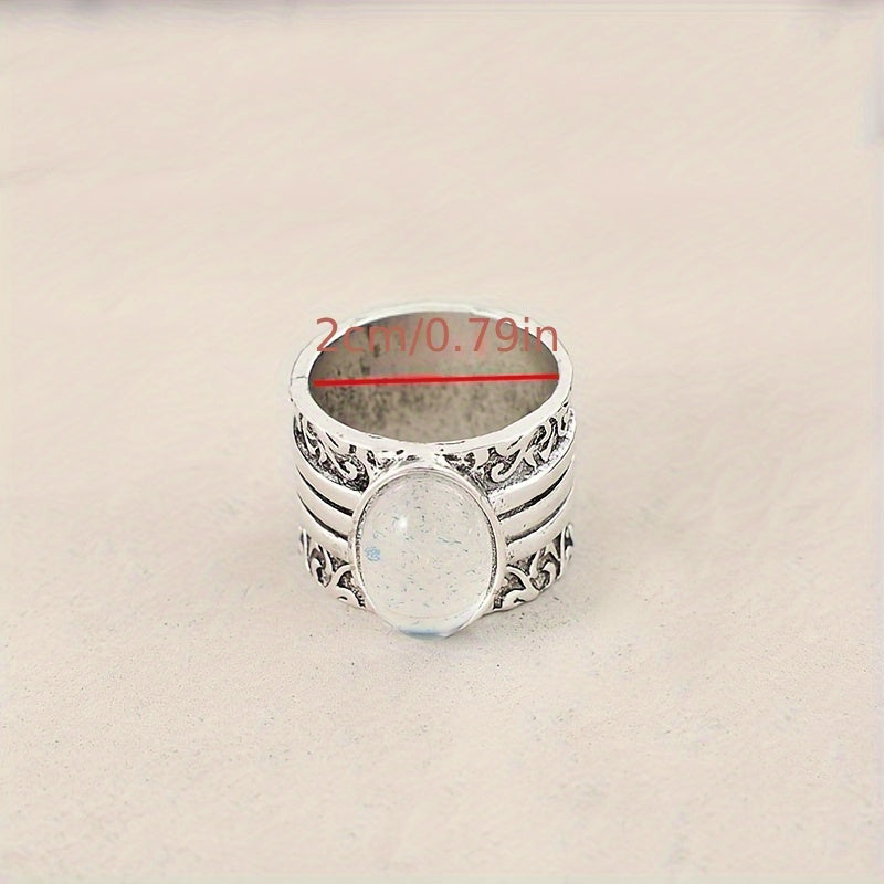 Ethnic style hand-carved pattern inlaid with synthetic gemstone alloy ring
