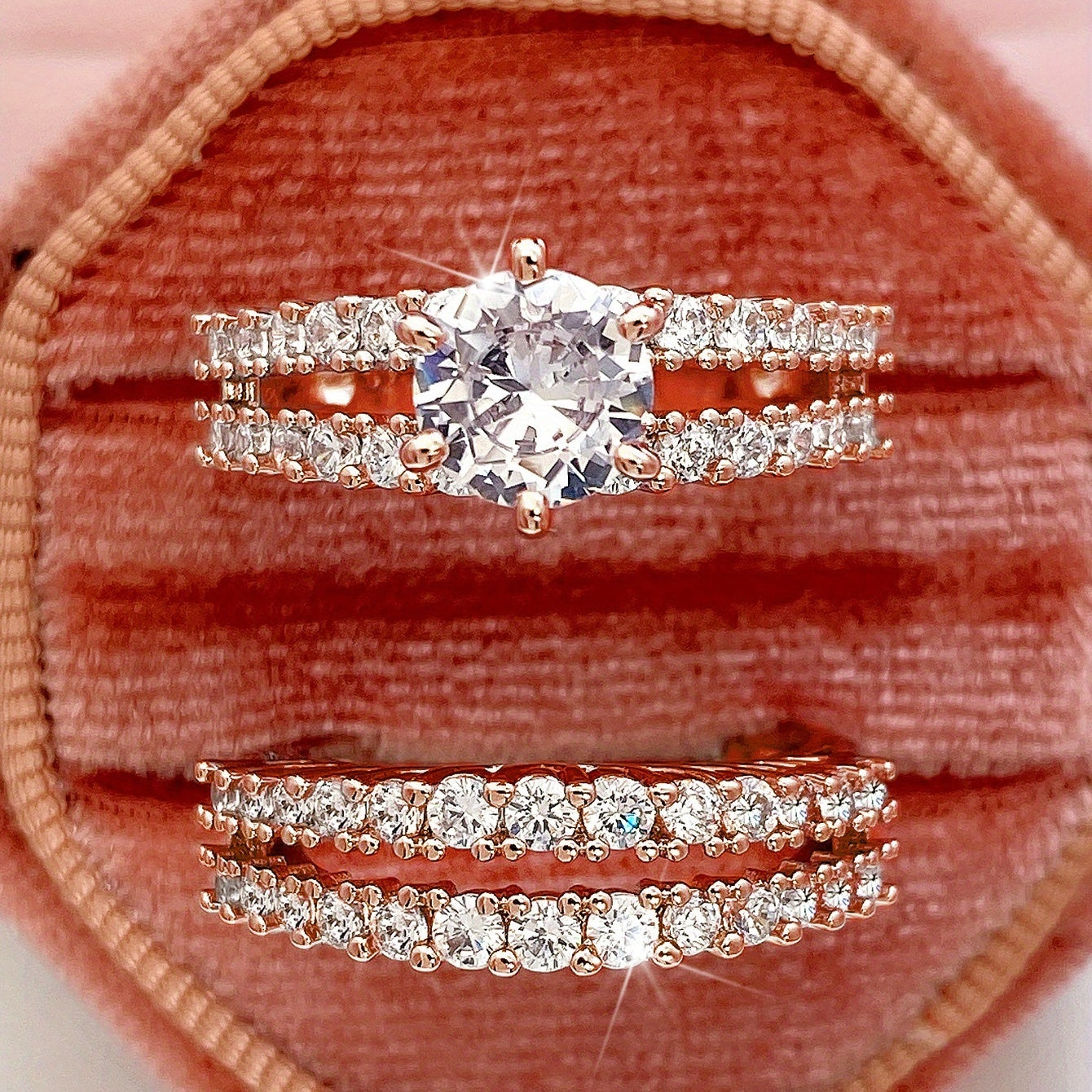 2 pieces/set bridal wedding ring 18K gold-plated 6-claw zirconia ring women's engagement proposal jewelry gift (no box)