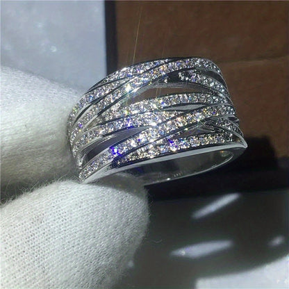 Fashion Wide Ring Silver Plated Inlaid Sparkling Zircon Interwoven Design Bridal Jewelry Dinner Party Decoration Anniversary Gift for Your Lover