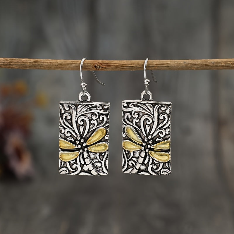 Vintage Rectangle Engraved Dragonfly Pattern Drop Earrings Bohemian Vacation Style Vintage Holiday Earrings