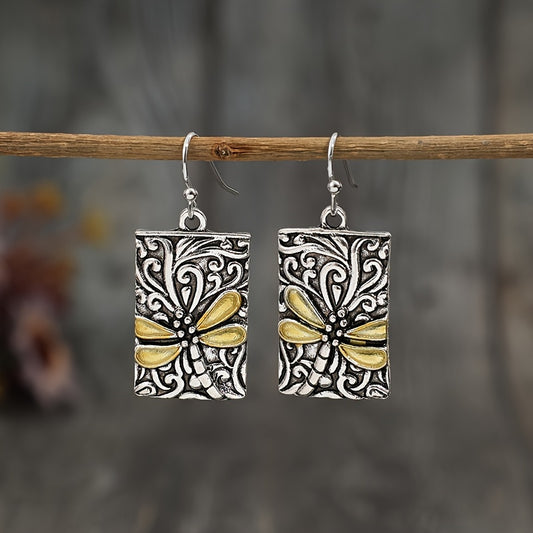 Vintage Rectangle Engraved Dragonfly Pattern Drop Earrings Bohemian Vacation Style Vintage Holiday Earrings