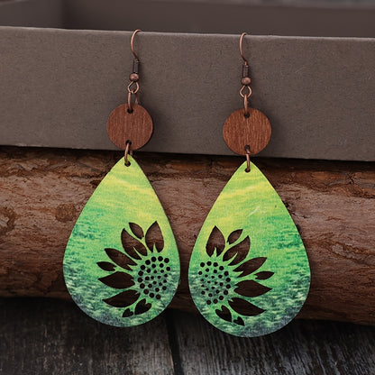 Sunflower print drop earrings Vintage Western wooden jewelry Holiday earrings