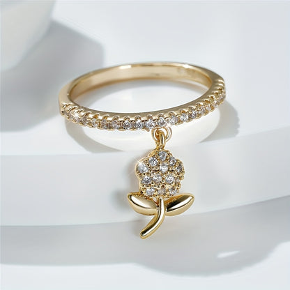 Cute 18k Gold Plated Ring With A Flower Pendant Inlaid Zirconia Engagement Wedding Ring For Female Party Accessory