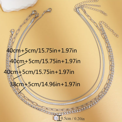 4 pieces European and American fashion stainless steel chain zircon pendant layered necklace set neutral style accessories