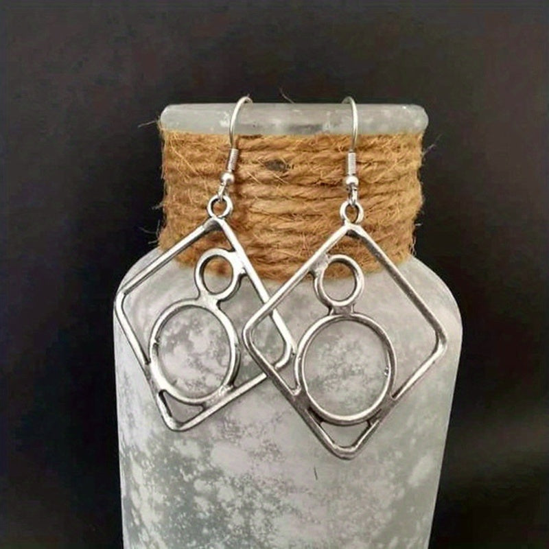 Vintage style hollow rhombus circle design drop earrings zinc alloy silver plated jewelry daily wear accessories