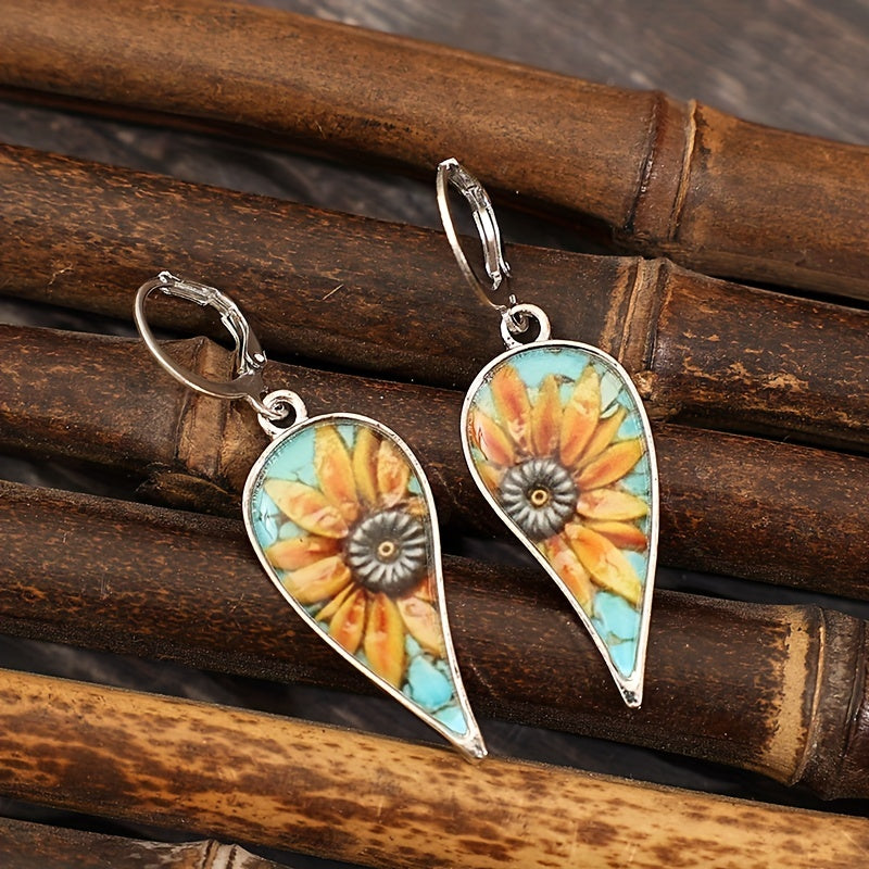 Irregular droplet sunflower pattern retro pendant earrings retro vacation style alloy jewelry exquisite female gift
