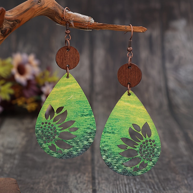 Sunflower print drop earrings Vintage Western wooden jewelry Holiday earrings