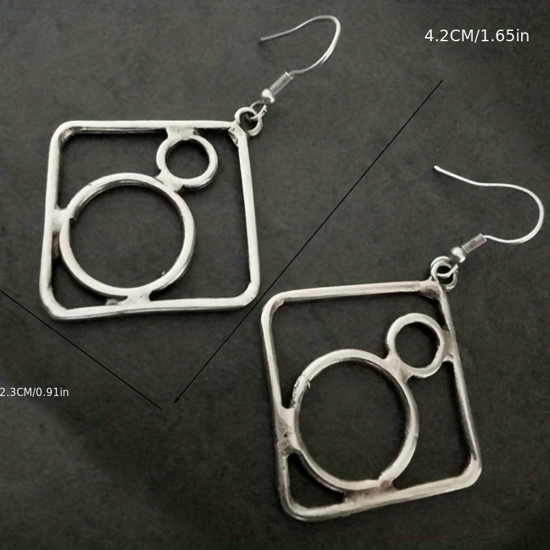 Vintage style hollow rhombus circle design drop earrings zinc alloy silver plated jewelry daily wear accessories