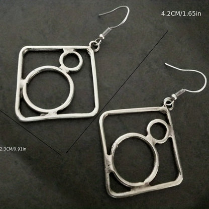 Vintage style hollow rhombus circle design drop earrings zinc alloy silver plated jewelry daily wear accessories