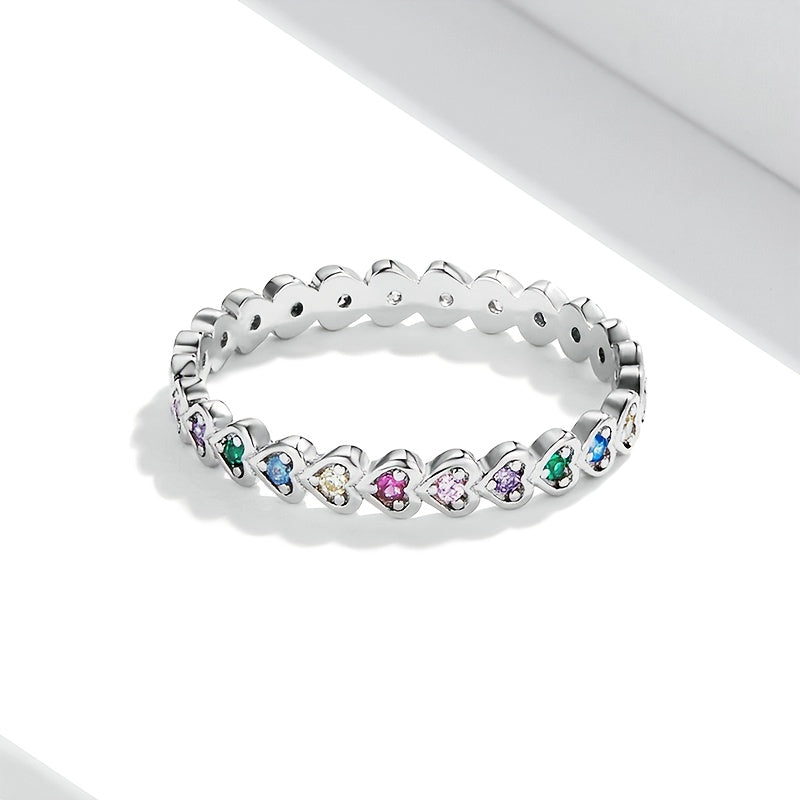A silver-plated eternity ring with a lovely heart-shaped design set with sparkling gems is gorgeous and charming, making it the perfect gift choice.