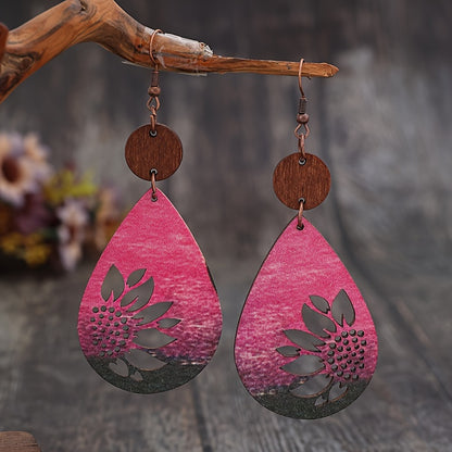 Sunflower print drop earrings Vintage Western wooden jewelry Holiday earrings