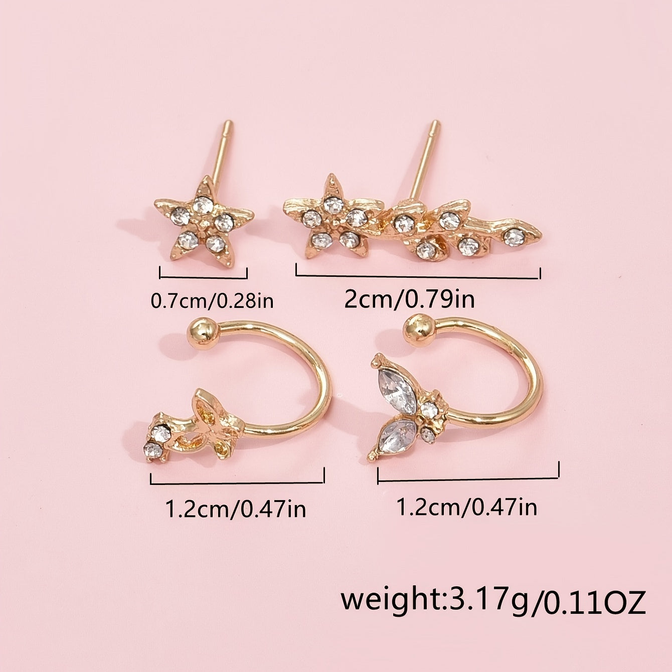 4 pieces/set Hollow Creative Butterfly Starleaf Crystal Earrings No Earclip Jewelry