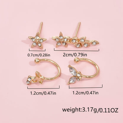4 pieces/set Hollow Creative Butterfly Starleaf Crystal Earrings No Earclip Jewelry