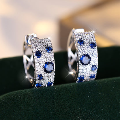 Sparkling Circle Earrings, Copper Jewelry, Blue and White Zircon Decoration, Fashion Luxury Style, Ladies Party Earrings