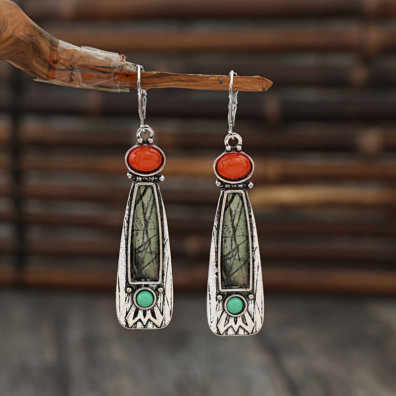 A pair of bohemian tribal-style silver zinc alloy drop earrings with synthetic gemstones and iron ear needles, long drop earrings for everyday wear