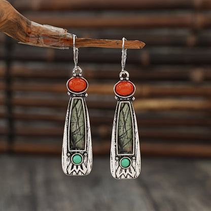 A pair of bohemian tribal-style silver zinc alloy drop earrings with synthetic gemstones and iron ear needles, long drop earrings for everyday wear