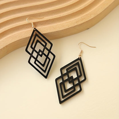 Hollow rhombus design black pendant earrings retro minimalist style acrylic jewelry fashion women's gift