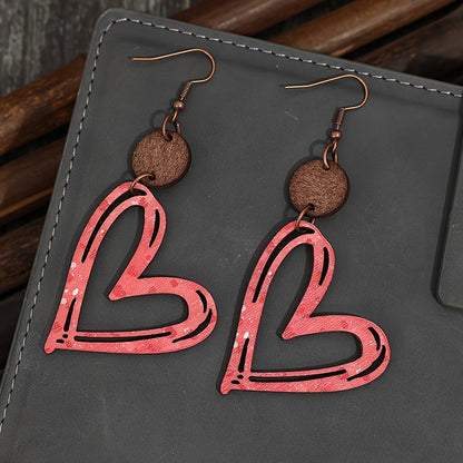 Hollow Red Heart Design Pendant Earrings Vintage Bohemian Style Wooden Jewelry Valentine's Day Gift for Lover