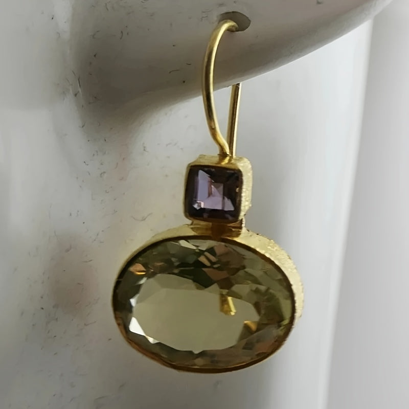 A pair of vintage bohemian 14K gold-plated brass stud earrings with champagne glass drops and purple trim - elegant drop ear stud earrings for Women's daily wear and gift giving, Christmas ornament collection