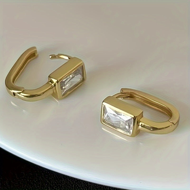 Small square zircon inlaid ring earrings, elegant casual style, suitable for women's daily leisure