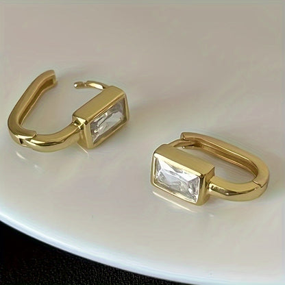 Small square zircon inlaid ring earrings, elegant casual style, suitable for women's daily leisure