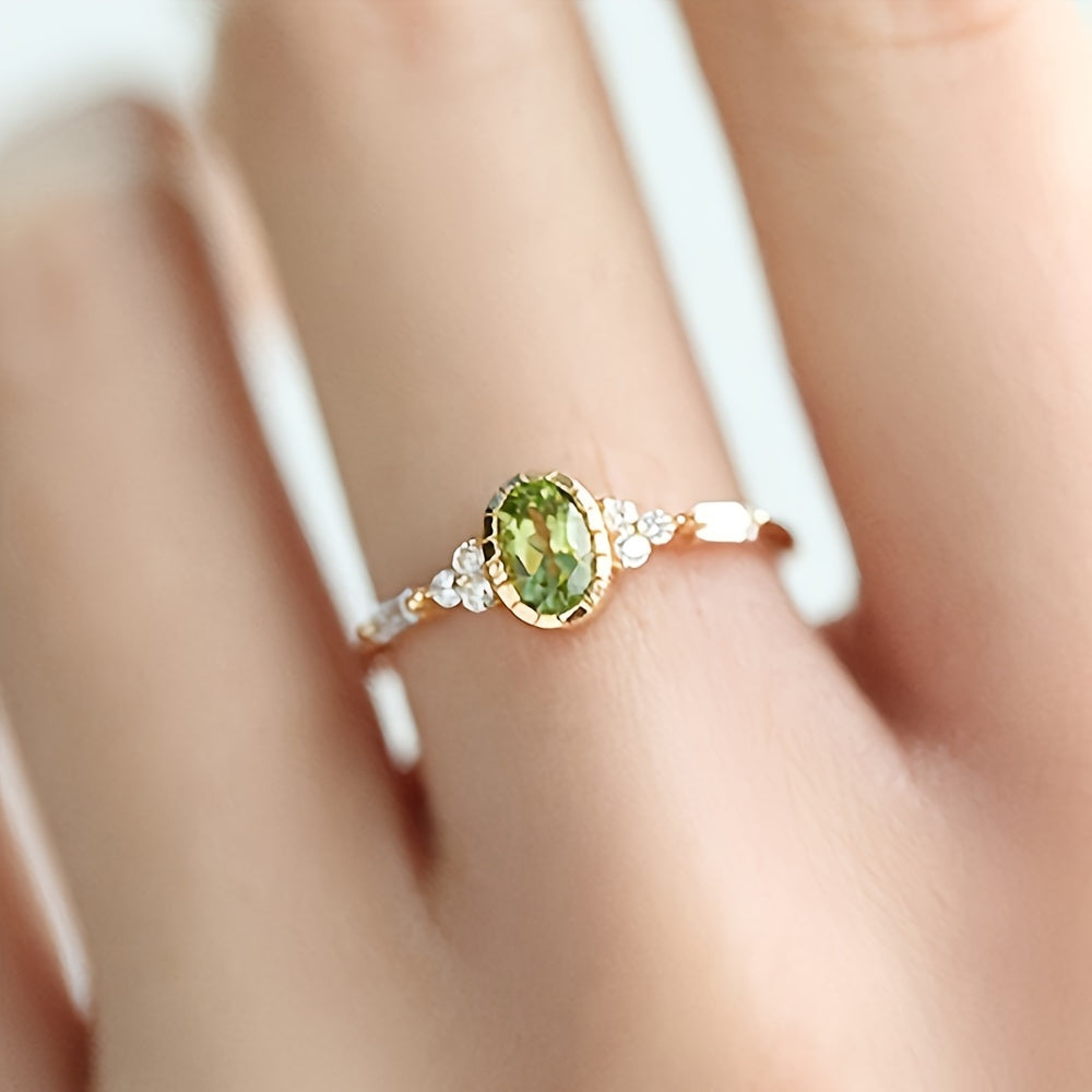Vintage Oval Synthetic Green Zircon Anniversary Ring Women's, Copper Plated, April Birthstone, Everyday & Party Jewelry Accessories - 1 Piece