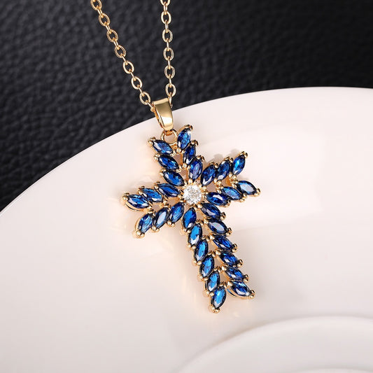 18k Golden Plated Blue Zirconia Cross Pendant Necklace Jewelry For Women Girls