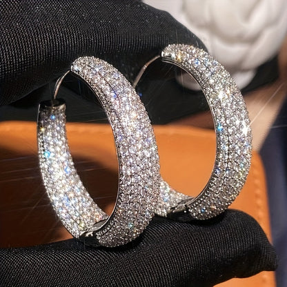 1 pair of Women's fashion ring earrings, luxury intensive shining Zirconia large round earrings, Women's wedding high jewelry