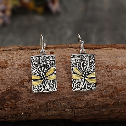 Vintage Rectangle Engraved Dragonfly Pattern Drop Earrings Bohemian Vacation Style Vintage Holiday Earrings