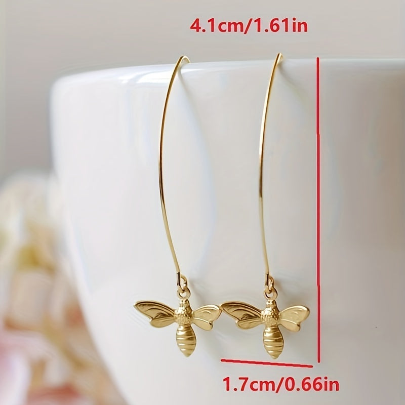 Exquisite golden bee design pendant earrings, retro minimalist style zinc alloy jewelry, exquisite women's earrings