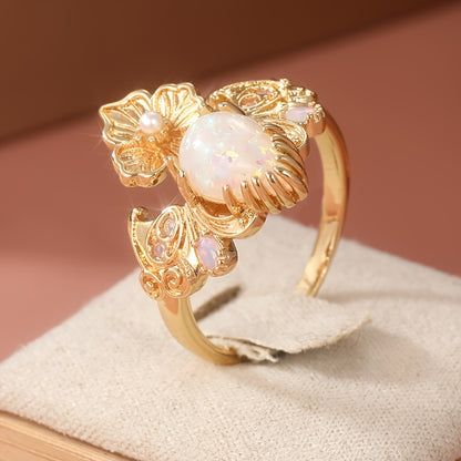 Vintage bohemian 14K gold-plated copper ring with handmade floral design and opal inlay for Casual Attire and gift giving, the perfect Christmas jewelry gift