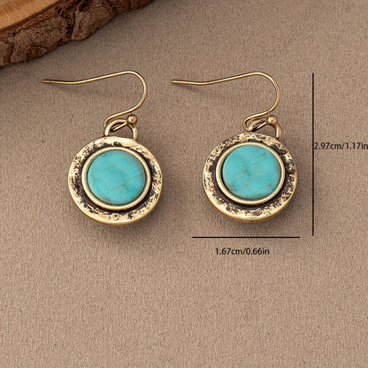 Vintage round turquoise inlaid pendant earrings retro simple style zinc alloy jewelry daily leisure